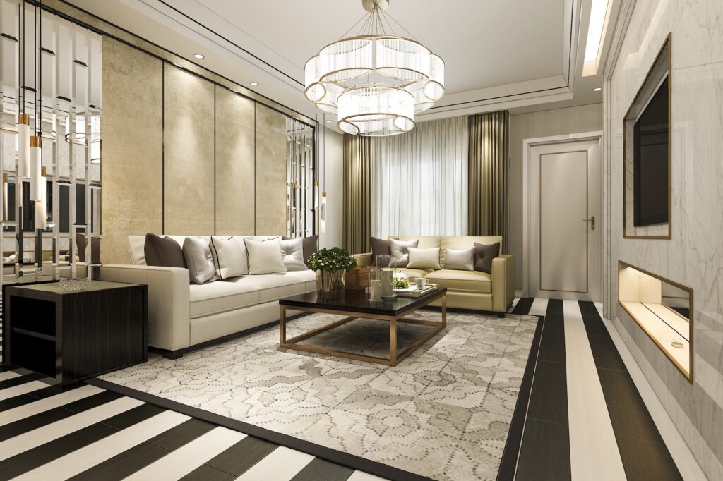 3d rendering modern classic living room with luxury decor and stripe floor